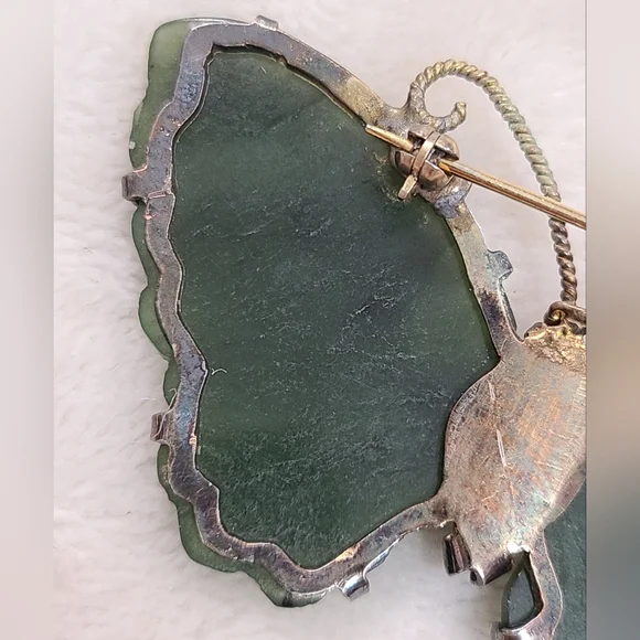 Vintage Carved Jade Butterfly Brooch